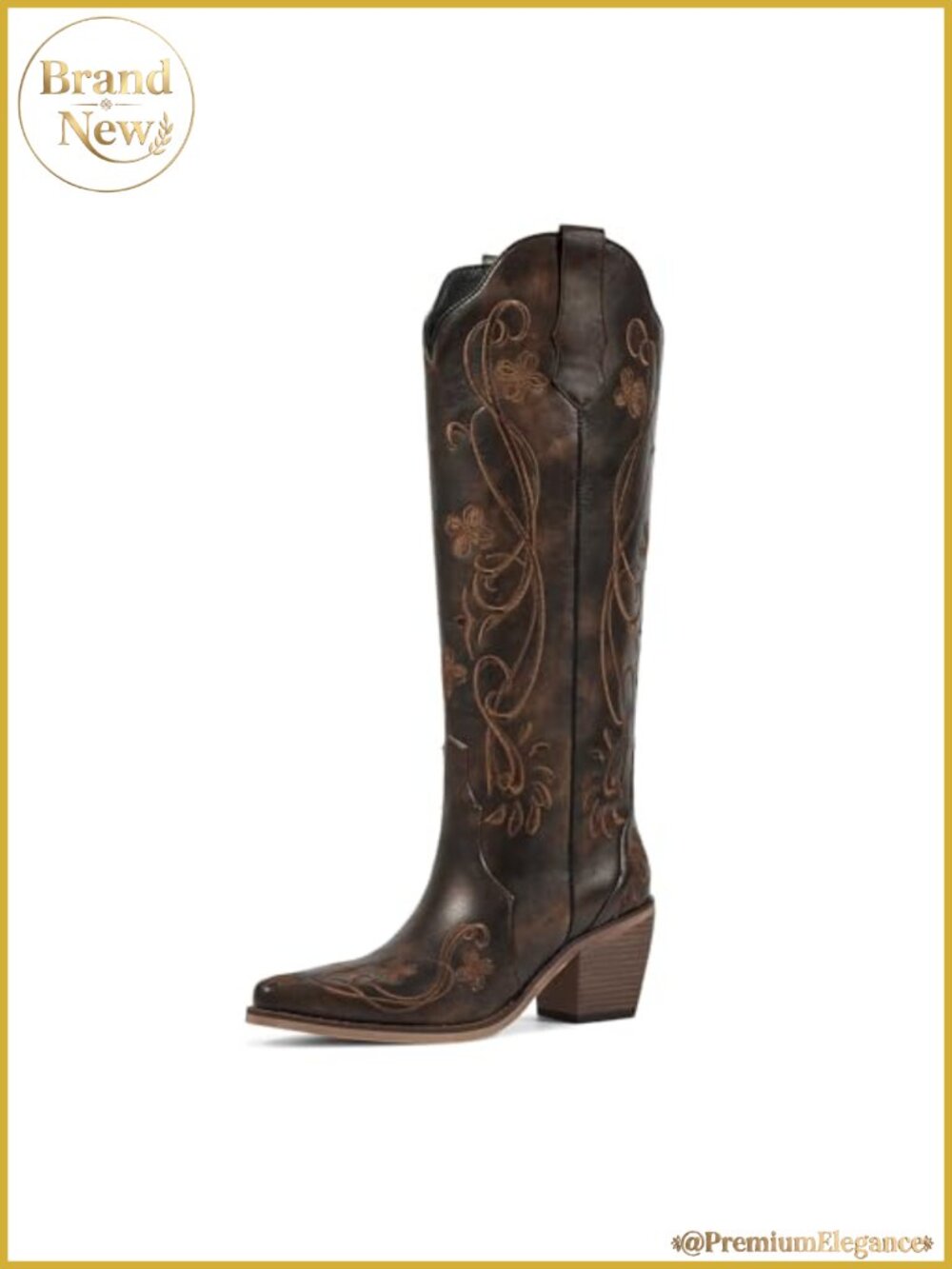 Women Knee High Cowboy Boots Floral Embroidered Western Wide Calf Pointed Toe